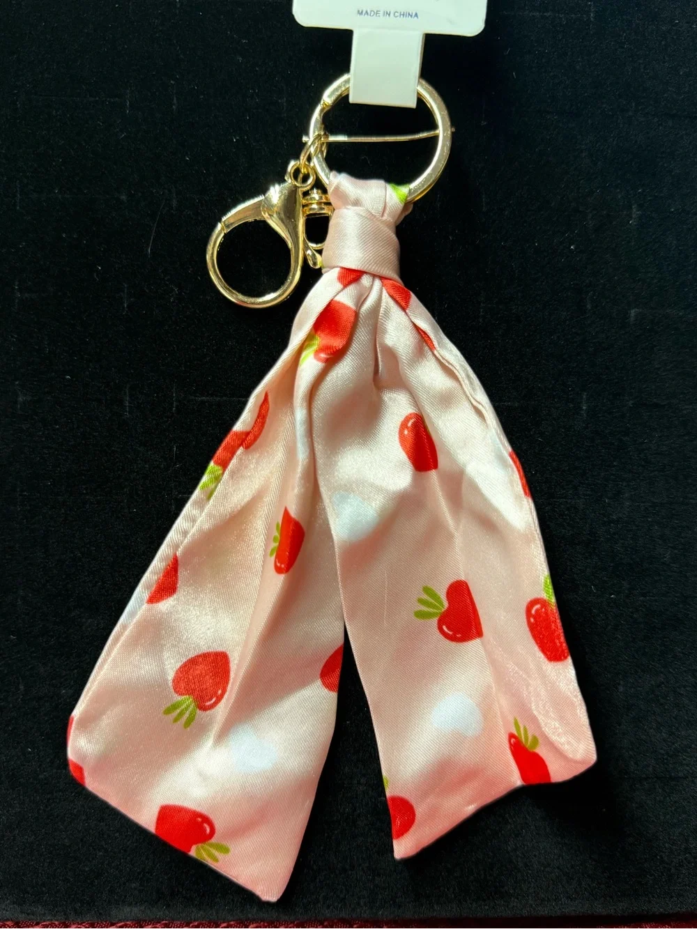 Pink Strawberry Heart Print Scarf Keychain - Bag Charm